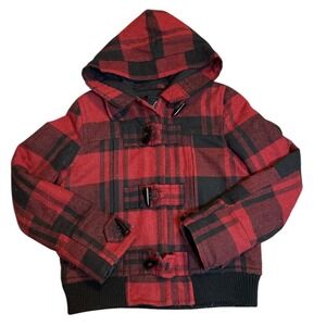 Forever 21 Women Red Black Buffalo Plaid Toggle Hooded Jacket Coat Medium